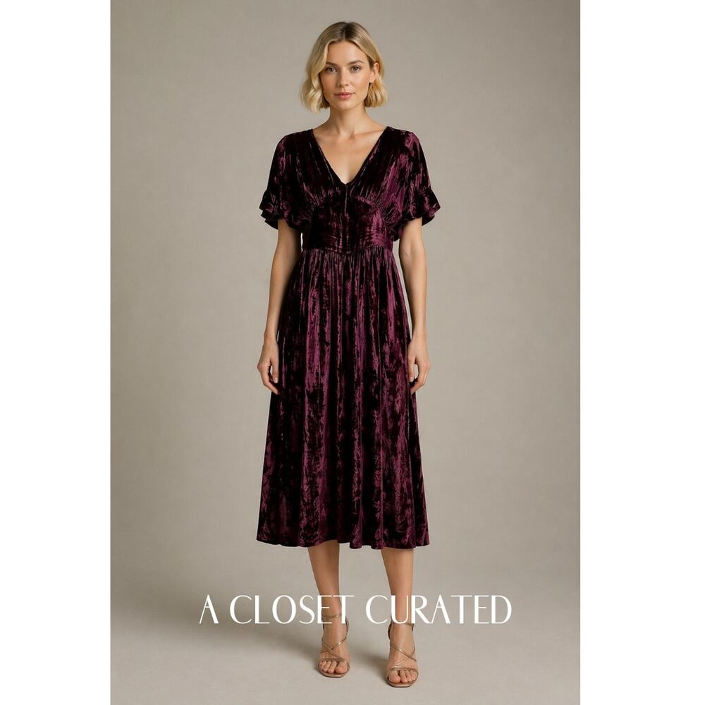 Masscob Velvet Midi Dress Burgundy V Neck Tie Back XS